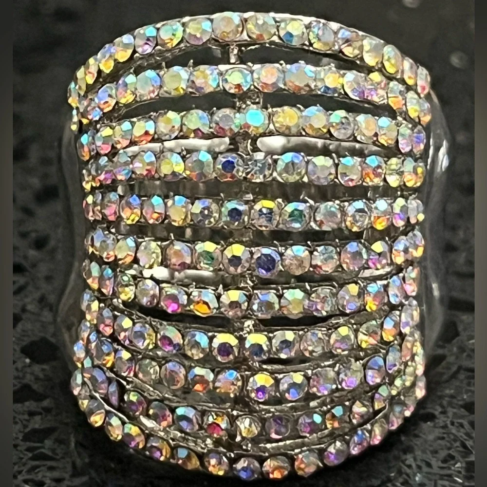 rainbow crystal rhinestone CZ statement aurora borealis cocktail ring silver